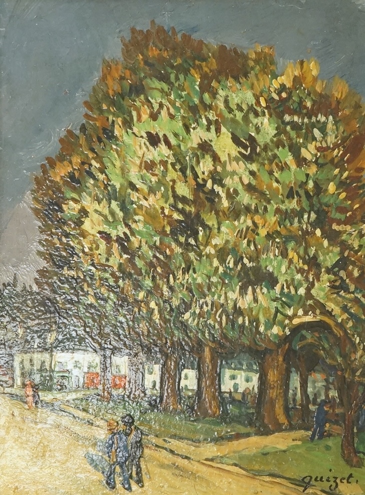 Alphonse Leon Quizet (French 1885-1955), Figures on a pathway before trees, signed, oil on board, 24 x 17cm